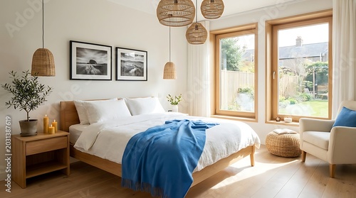 Modern bedroom interior with natural wood furniture and blue accent throw