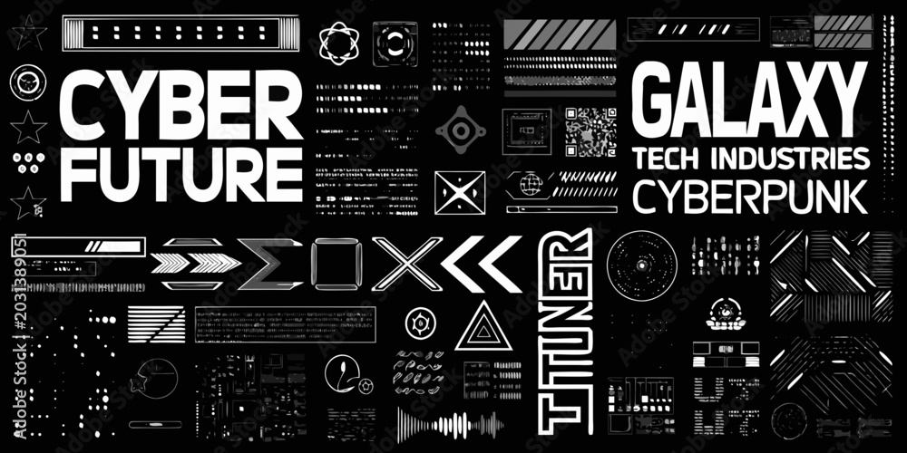 Fototapeta premium cyberpunk graphic elements collection black and white futuristic vector illustration with text