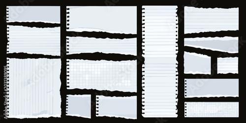 Foto Torn notebook paper fragments collage with spiral binding white and gray