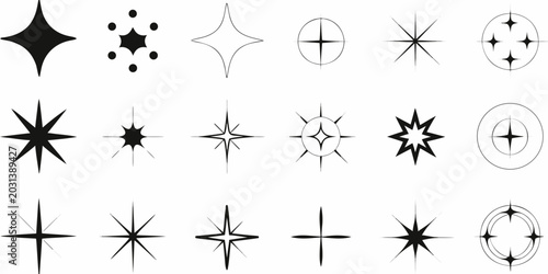 Fotografía collection of starburst and orbital icons in black and white line art style