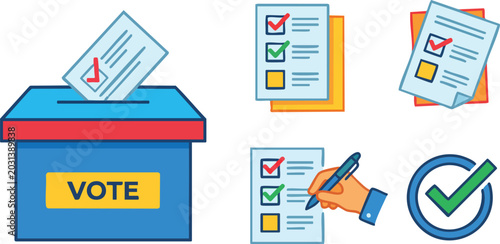Voting Ballot Box and Election Icon Set Isolated on White Background
