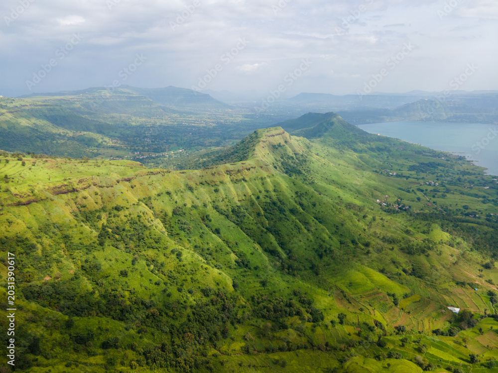 Obraz premium Maharashtra Lake Valley Drone view, Western Ghats Lake View