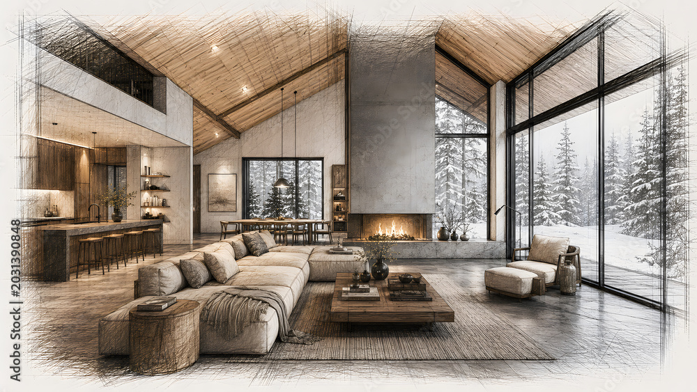 Fototapeta premium modern cabin interior with fireplace and forest view