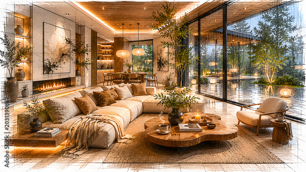 Fototapeta premium Modern living room with fireplace and large windows