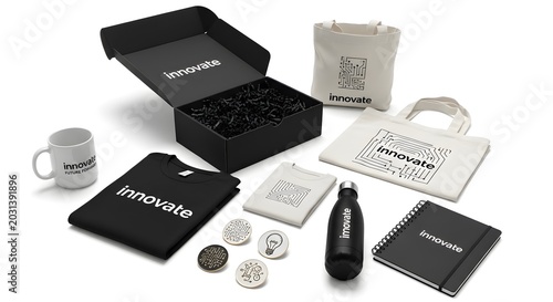 Branding merchandise kit with notebook, tote bag, mug, stickers and pen on white background