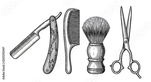 Fotografie Vintage Barber Tools Set: Straight Razor, Comb, Shaving Brush, Scissors - Sketch