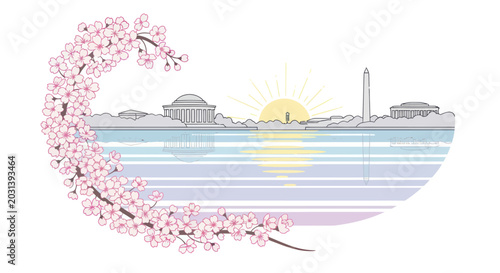 Tableau sur toile Washington DC Skyline with Cherry Blossoms and Sunrise Reflection