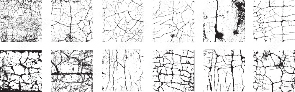 Obraz premium Abstract cracked grunge texture collection with distressed monochrome fracture patterns and rough weathered surface effects. Creative damaged overlays for urban backgrounds, vintage posters and edgy 