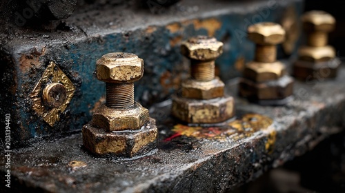 Close-up detail of old rusty industrial bolts and nuts on a weathered metal surface