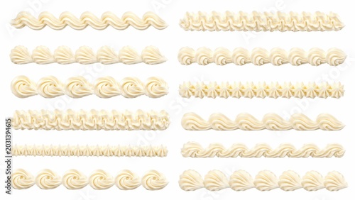Whipped cream borders set, white buttercream frosting swirls and piping bag patterns, decorative cake icing elements for bakery design