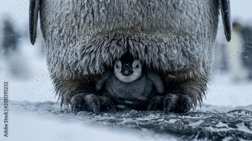 A cute emperor penguin chick hiding under its parent for warmth in Antarctica.