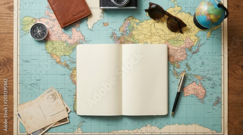 Open notebook on a world map for planning new adventures