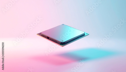 A shiny microchip lies on a colorful gradient surface with a pink and blue light reflection.