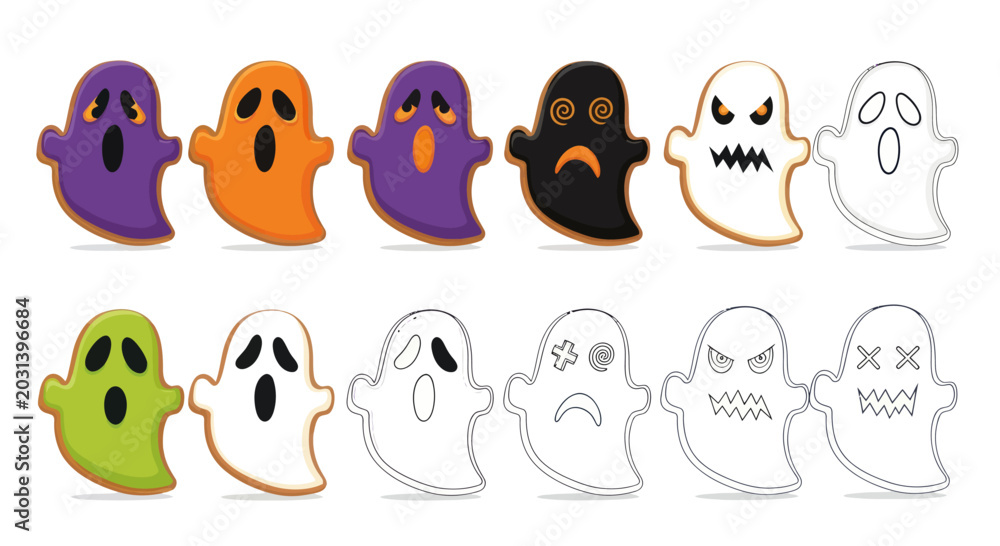 Obraz premium Halloween Ghost Cookies Set, Various Expressions, Isolated on White