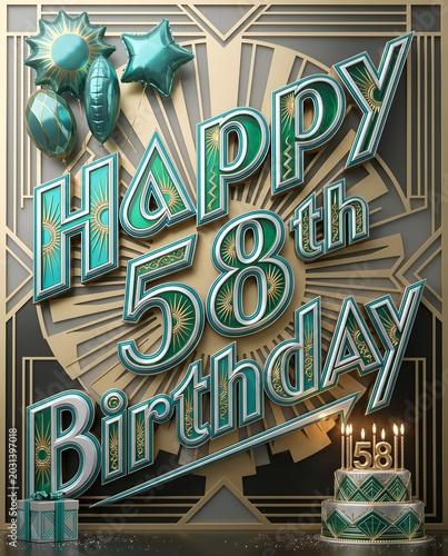 Art Deco Happy 58th Birthday Typography with Teal Metallic Balloons Geometric Background and Celebration Cake