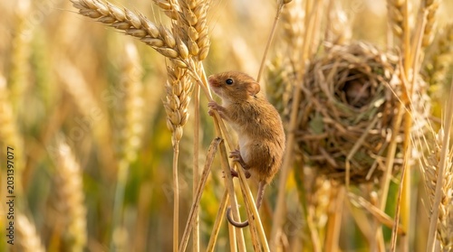 A harvest mouse climbing on wheat stalks next to its nest in a golden field.