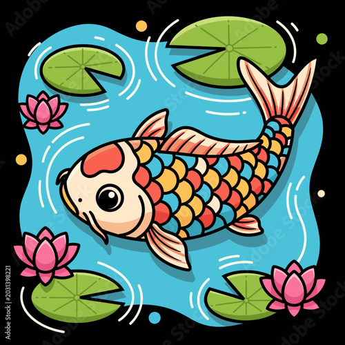 A vibrant cartoon illustration of a colorful koi fish swimming in a blue pond with green lily pads and pink lotus flowers.