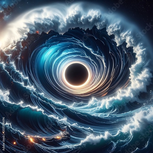 A swirling vortex in space with clouds and lightning