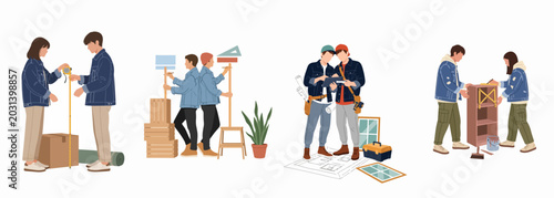 Foto A set of illustrations featuring young people collaborating on home improvement, interior design, measurement, architectural planning, and furniture restoration projects
