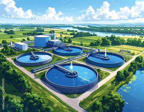 Aerial view of a serene water treatment plant surrounded by lush greenery and a body of water under a bright blue sky