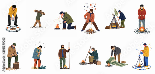 Vector Illustration Set of Men Building Campfires, Chopping Wood, and Setting Up Camp for Outdoor Adventure and Survival