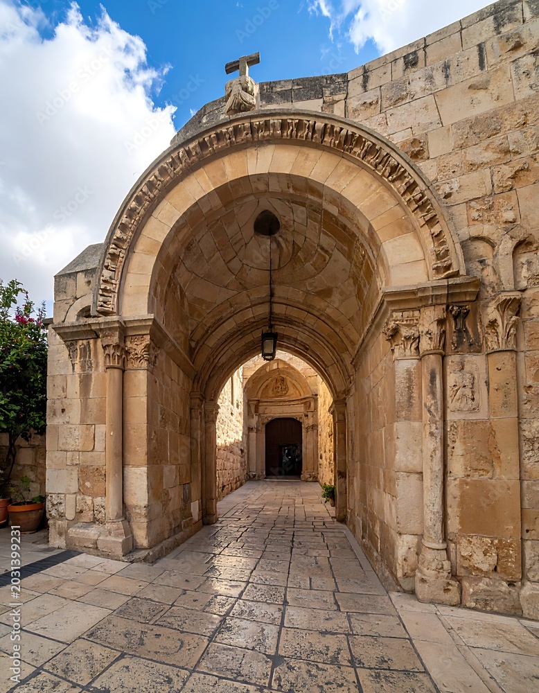 Fototapeta premium Ancient stone archway under blue sky