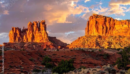 Desert landscape with rock formations at sunset (1)