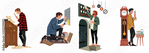 Photos Four illustrated scenes of young men solving puzzles, deciphering clues, and finding keys in an escape room themed adventure