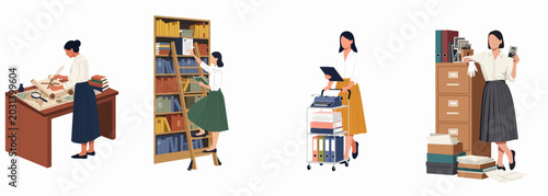 Bild auf Leinwand Flat vector illustration set of female archivists and librarians working with historical documents, books, maps, and filing cabinets in a vintage-style office environment