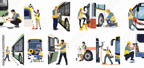 Photos Professional technicians and mechanics performing various maintenance, inspection, and charging tasks on public transport buses and electric vehicles in a depot setting