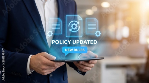 Businessman holding a digital tablet with a holographic interface showing a policy update and new rules notification in a modern office environment