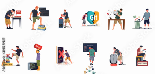 Photos Collection of illustrations depicting frustrated software developers struggling with Git version control, merge conflicts, code errors, and technical difficulties