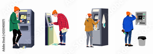 Bild auf Leinwand Illustration of a man facing various financial difficulties and problems while using an automated teller machine (ATM)