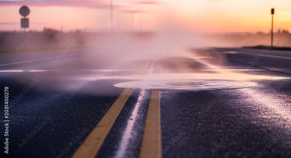 Obraz premium Rainy road with yellow lines foggy.
