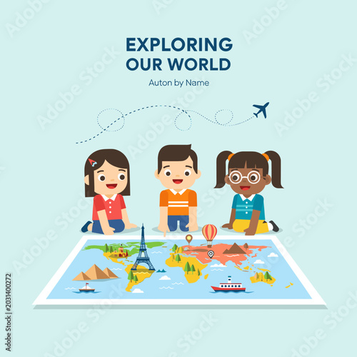 Three diverse children exploring a colorful world map with global landmarks and an airplane flying above, representing education and travel.