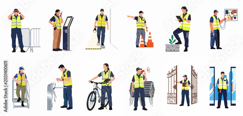 Tableau sur toile Set of Professional Security Guards and Event Staff Illustrations in High-Visibility Vests Performing Various Safety and Surveillance Tasks