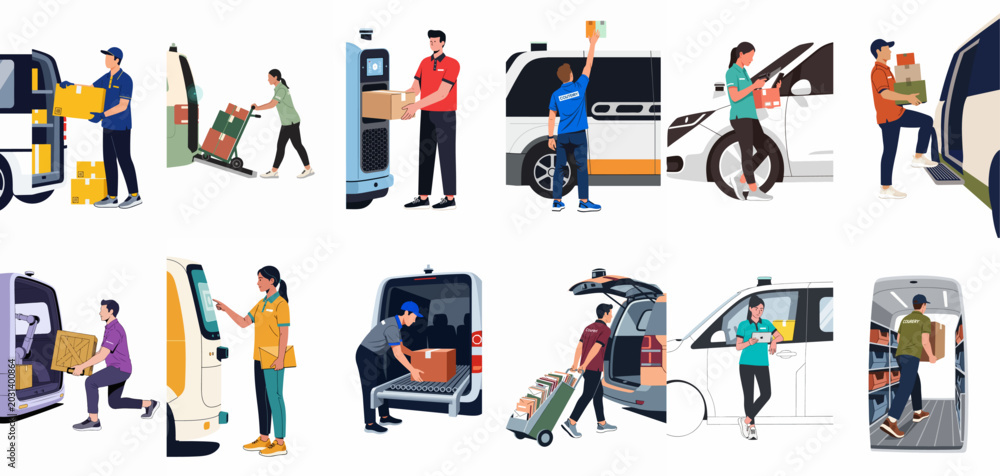 Fototapeta premium Collection of flat vector illustrations featuring diverse couriers loading and unloading packages from various delivery vehicles, including vans and autonomous robots.