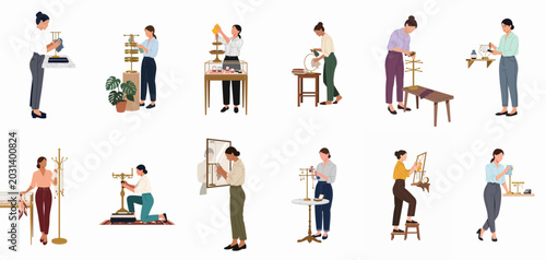 Fotografi Flat vector illustrations of female shop assistants cleaning, polishing, and organizing jewelry displays in a boutique or retail store setting