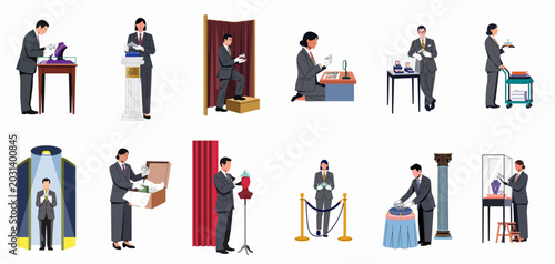 Schilderij op canvas Flat illustration set of professional museum curators and jewelry experts handling, displaying, and examining valuable crowns, necklaces, and historical artifacts