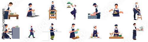 Collection of professional chefs and cooks preparing, cooking, and plating various dishes in a restaurant kitchen environment.