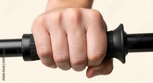 Close up of a person holding a black handle grip against white background
