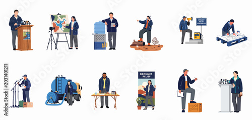 Photography Comprehensive collection of drought relief characters and scenarios illustrating water management, emergency response coordination, and public communication during a climate crisis