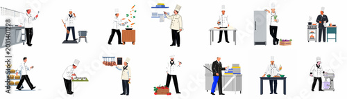 Large collection of professional chef illustrations performing various kitchen tasks, cooking, plating, and managing in a restaurant environment, isolated on a white background.