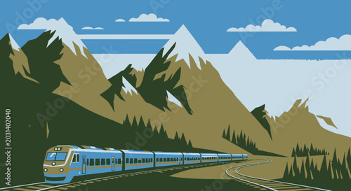 Foto Stylized train traveling through mountains and scenic landscape illustration
