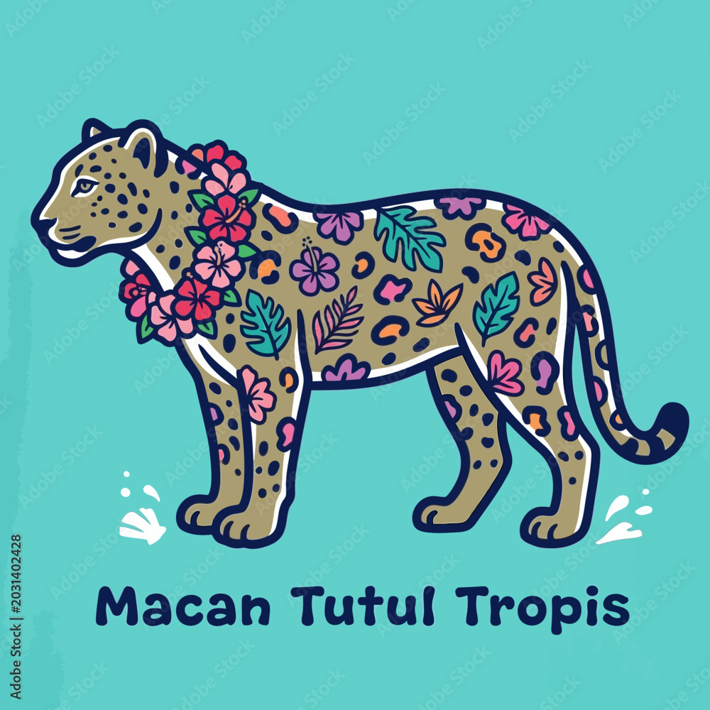 Fototapeta premium Tropical cheetah with floral pattern design.