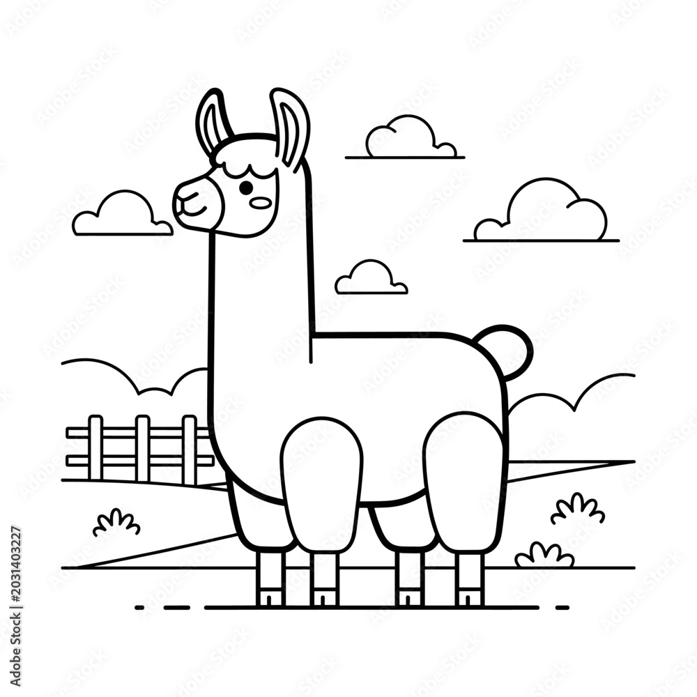 Fototapeta premium A cute cartoon llama stands in a field with clouds and a wooden fence in the background, presented as a simple black and white line art illustration.