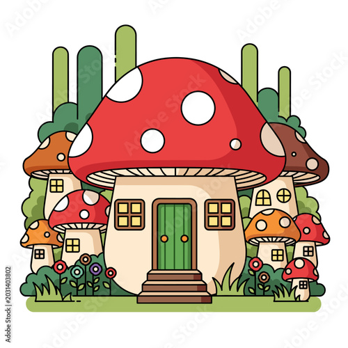 Whimsical cartoon illustration of a charming mushroom village with colorful houses and lush greenery.