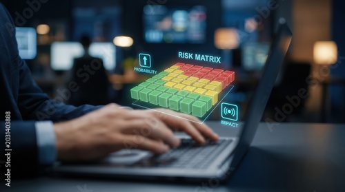 Enterprise Risk Management and Assessment Concept: Hands on Laptop with Holographic Risk Matrix Heatmap, Probability, and Impact Icons