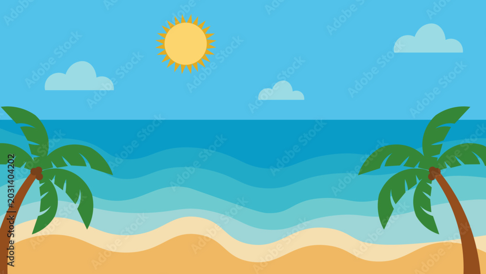 Obraz premium Tropical beach landscape vector with coconut palm tree, blue sea, and clear sky, perfect for summer themes, travel designs, vacation backgrounds, and seaside illustrations.
