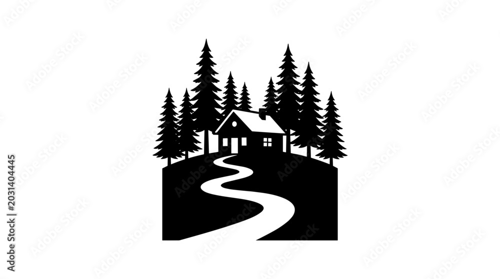 Fototapeta premium Cabin in the woods with winding path and pine trees silhouette